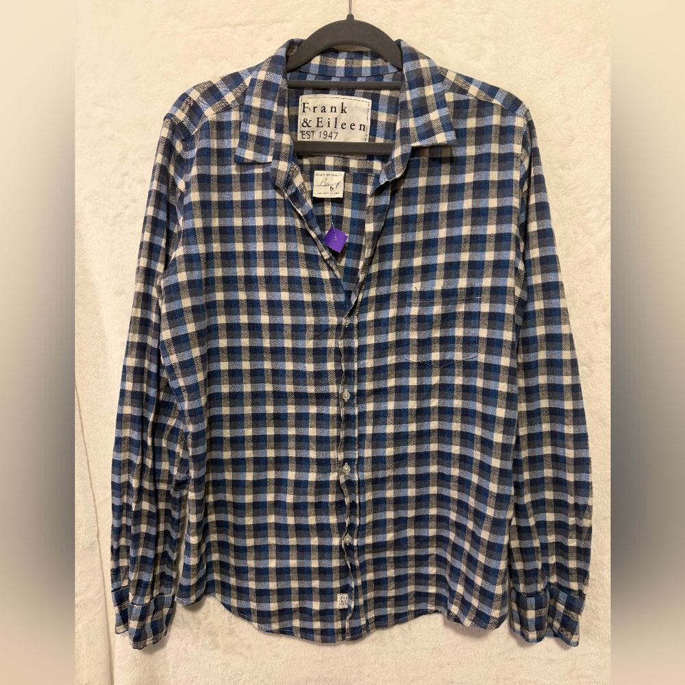 Frank & Eileen Top Womens Large Italian Flannel Blue Gray Plaid Long Sleeve Soft